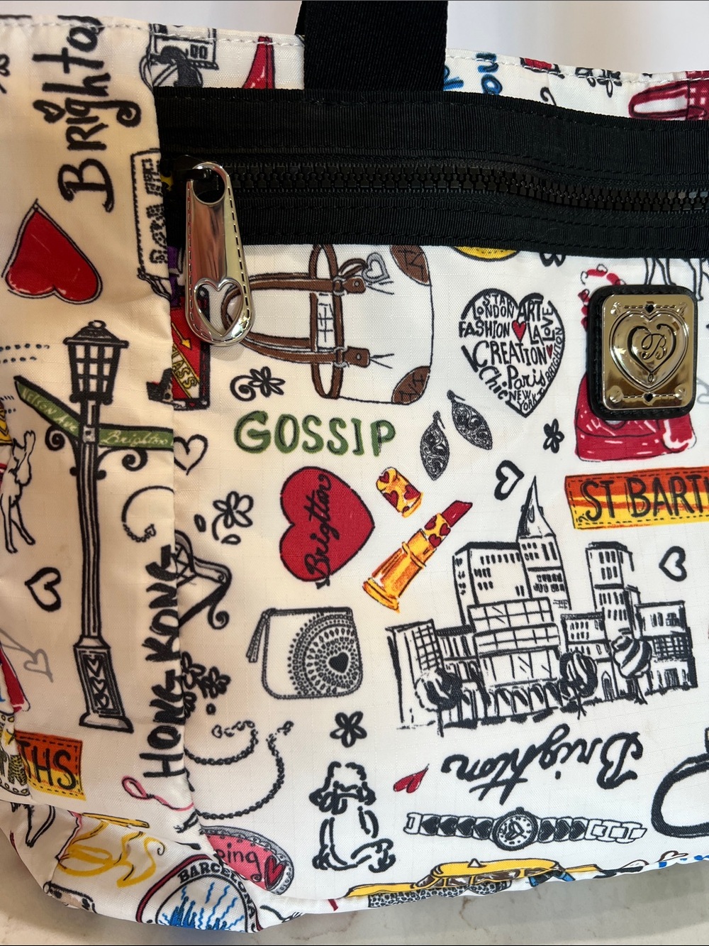 Brighton Travel Tote Bag City Collage Print Matching Zip Pouch Rare Retired - Picture 8 of 16